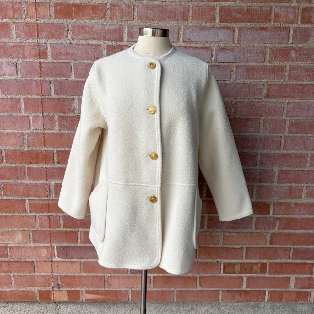 Vtg Aqua Sheen Fleece Jacket Style 657 Gold Buttons Made in USA Women's PM Cream